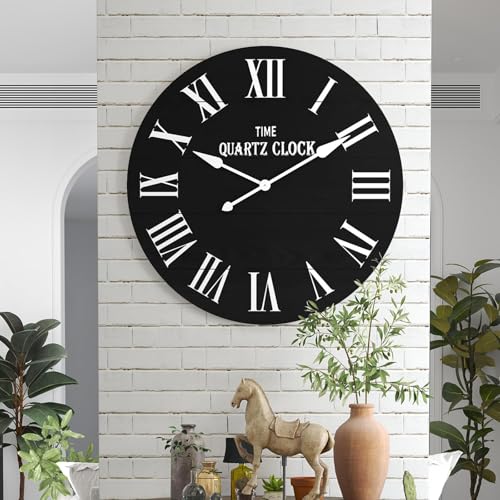 ARTPOWER 35.5” Extra Large Giant Farmhouse Wall Clock, Black | Oversized, with Big Roman Numeral, Nearly Non-Ticking, Shiplap Wood, for Living Dining Room Decor, Entrance - color: Black, size: 35.5"W x 35.5"H