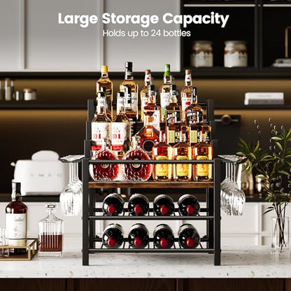 6-Tier Liquor Bottle Display Shelf, Holds up to 24 Bottles, Countertop Wine Racks with 8 Wine Glass Holders, Mini Wine Bar Cabinet for Home, All in One Coffee Syrup Whiskey Organizer