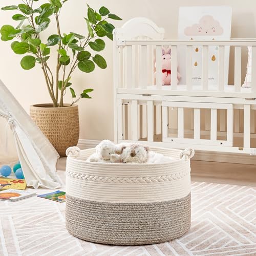 KAKAMAY Large Blanket Basket (20"x13"),Woven Baskets for storage Baby Laundry Hamper, Cotton Rope Blanket Basket for Living Room, Laundry, Nursery, Pillows, Baby Toy chest (White/Beige) | Extra Large Capacity | Natural Cotton Rope | Blanket Storage | Wove