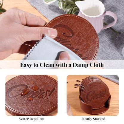 Coasters for Drinks Set of 6 with Holder, 6-Piece Leather Coasters with Embossed Cheers Marks - Durable Drink Coasters Set for Home, Bar, or Office - Brown - color: Brown