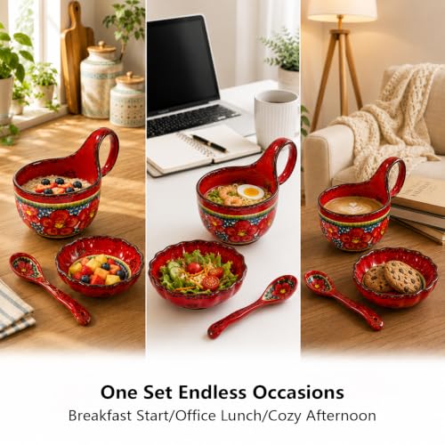 3 Piece Hand Painted Loop Handle Soup Bowl, Plate and Spoon Set,13.37oz Ceramic Cereal Cup for Coffee,Floral Bowl Set for Soup Snack Ice Cream Stew Microwave Dishwasher Safe (Red) - color: Flamenco Red