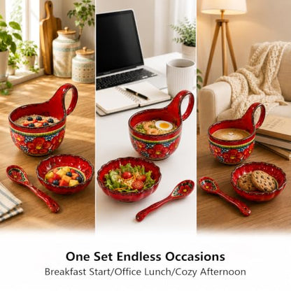 3 Piece Hand Painted Loop Handle Soup Bowl, Plate and Spoon Set,13.37oz Ceramic Cereal Cup for Coffee,Floral Bowl Set for Soup Snack Ice Cream Stew Microwave Dishwasher Safe (Red) - color: Flamenco Red