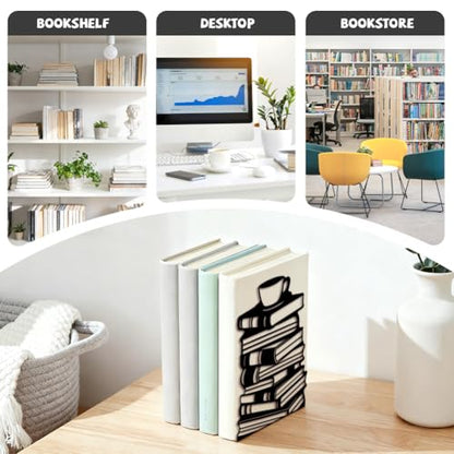 5.3"x4.3"x7.9" Metal Bookends, Heavy Duty Book Ends for Shelves | Book Stacks and Teacup Theme Cast Iron Book Supports, 1 Pair Decor Stoppers for Desk, Library, Office & Home Shelves - style: Book Stacks and Teacup