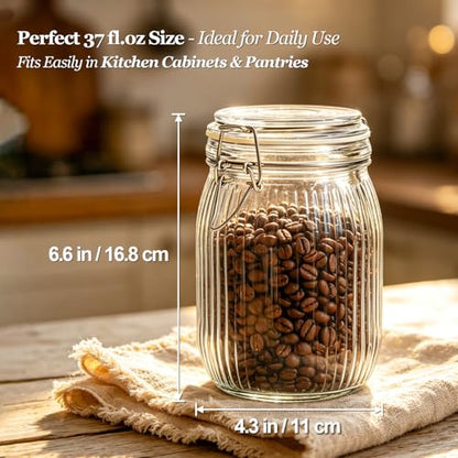 ComSaf Ribbed Glass Pantry Jars with Airtight Lids 34 oz 3 Pack Coffee | Flour sugar coffee beans, Fermenting pickling, Farmhouse pantry decor, Kitchen storage, Dry food storage, Sourdough starter - size: 37oz*3-Ribbed