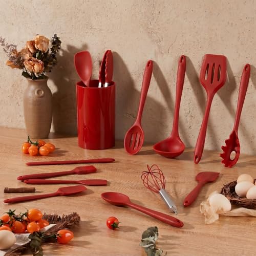 LIANYU 14 Pcs Silicone Cooking Utensils Set with Holder, Red | Kitchen Utensils Set for Non-Stick Cookware, 446°F Heat Resistant Cooking Tools with Comfort Grip Handle, Dishwasher safe - color: Red