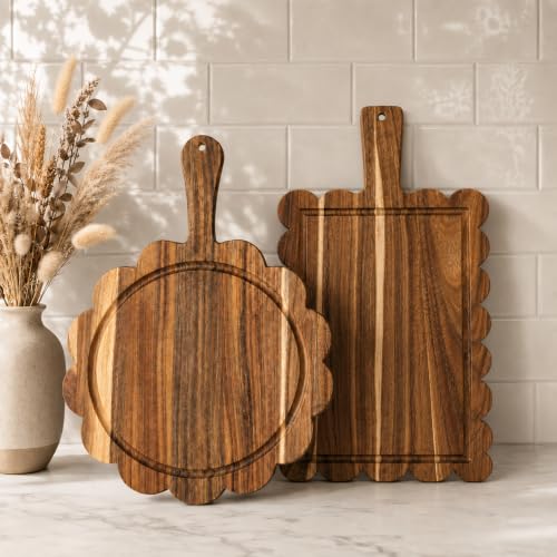 2 Pcs Acacia Wood Scalloped Cutting Board, Decorative Cutting Boards for Cottagecore Kitchen Decor, Charcuterie Board for Cheese Meat Fruit Bread Serving, Farmhouse Table Display and Food Preparation