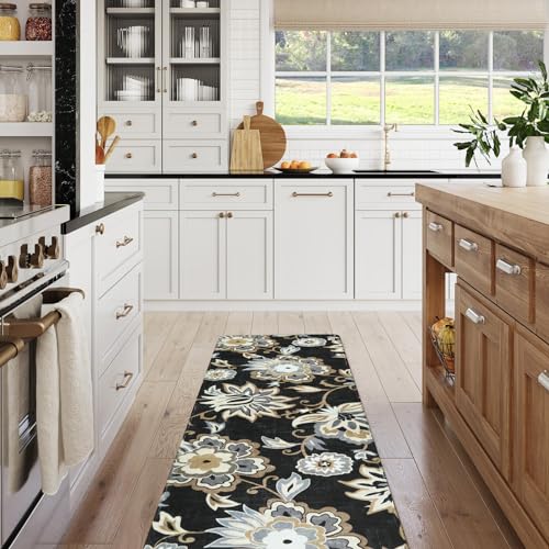 Lahome Floral Black Small Runner Rug - 2x4 Area Rug Non-Slip Low-Pile Washble Entryway Runner Rug Throw Stain Resistant Kitchen Rugs, Paisley Print Accent Carpet Runners for Bedroom Bathroom Laundry | Small Non-Slip Low-Pile Entryway Area Rug, Stain Resis