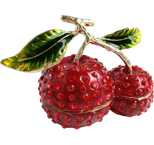 Enamel Cherry Blossom Jewelry Box with Diamond Accents Metal Crafted Trinket Container Tabletop Statue Perfect for Home Decor & Unique item for Chrismas Day Birtday Gift