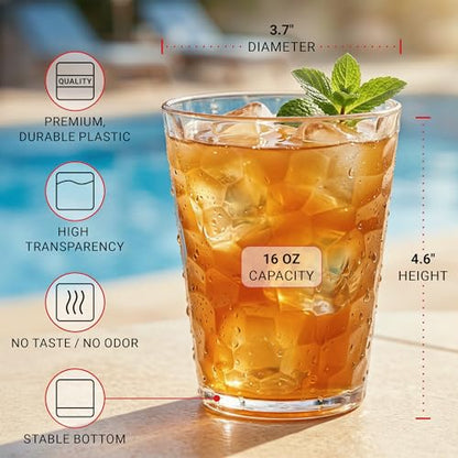 Bravario Hammered Plastic Drinking Glasses - Short Clear Plastic Cups Reusable Set of 6, Thick 16oz Dishwasher Safe Durable Stackable Water Tumblers, BPA-Free - size: Short - Set of 6