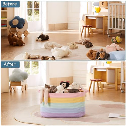 Rainbow Storage Basket for Toys Large Blanket Basket for Girls | Woven Cotton Rope Baby Laundry Hamper, Kids Nursery Toy Basket for Classroom, Soft Stuffed Animal Storage