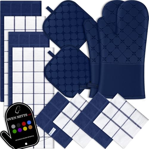 Oven Mitts Kitchen Towels Dishcloths with Pot Holders Sets 12PCS,Dish Towels Sets,Oven Gloves Pot Pads Heat Resistant 500 Degrees with Non-Slip Silicone Surface for Cooking Baking Grilling-Marine Blue - color: Marine Blue