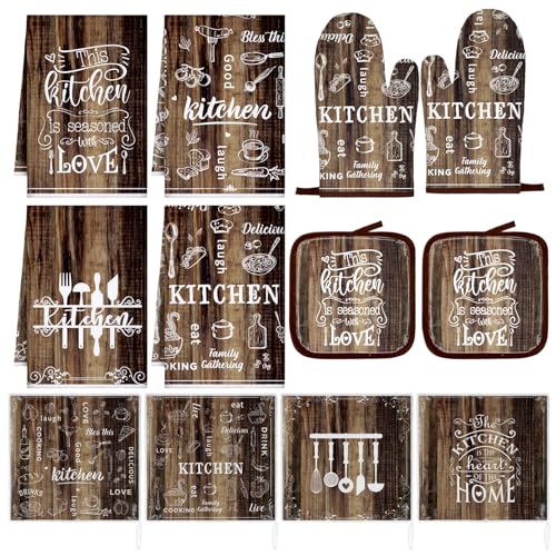 12 Pcs Farmhouse Kitchen Oven Mitts and Pot Holders Decor Sets 4 Wood Kitchen Hand Towels 4 Absorbent Dishcloths 2 Pot Holders 2 Oven Mitts Glove for Home Decorations Mom Baking Cooking Grilling Gift - color: Brown, style: Classic