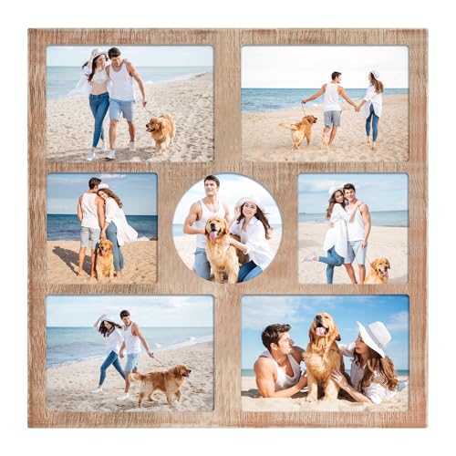 YESKAY 5x7 and 5x5 Collage Picture Frame,Display 7 Openings Photo Frames Rustic Brown Wood Frame with Real Glass,Family Picture Frames Wall Decor 1 Pack - color: Rustic Brown, size: 5x7&5x5 - 7 Opening(OD:15.6X15.6in)