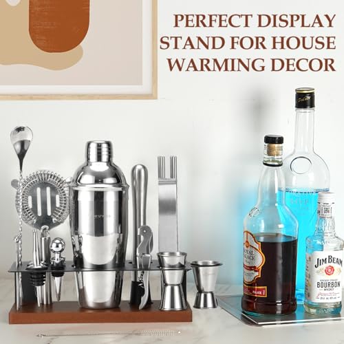 23-Piece Cocktail Shaker Set with Stand, 304 SS, Bartender Kit Gift | Complete Home Bar Set: Leak-proof Shaker, Jigger, Muddler, 18/8 Steel, Gift for beginners, cocktail lovers & house parties - color: Brown
