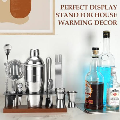 23-Piece Cocktail Shaker Set with Stand, 304 SS, Bartender Kit Gift | Complete Home Bar Set: Leak-proof Shaker, Jigger, Muddler, 18/8 Steel, Gift for beginners, cocktail lovers & house parties - color: Brown