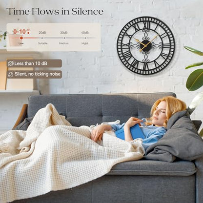 20" Large Wall Clock, Big Clock for Living Room Decorative, Black Large Wall Clocks Battery Operated with Metal Roman Numeral, Completely Silent, Non-Ticking for Bedroom, Kitchen,Fireplace - size: 20 inch