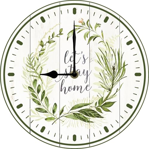 Boylee Farmhouse Wooden Wall Clock - 10 Inch Let's Stay Home Battery Operated Silent Non Ticking Vintage Rustic Distressed Wood Clock Home Decor for Kitchen, Living Room, Bedroom, Office - color: Qc7
