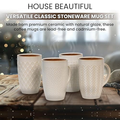 House Beautiful Versatile Classic Stoneware Mug Set – 22 oz, Set of 4 (Linen Hues) - color: Linen Hues