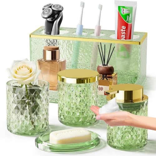 Glass Bathroom Accessories Set 5Pcs Crystal Green - Foaming Soap Dispenser, Soap Dish, Cup, Acrylic Toothbrush Holder with Tray Organizer, Cotton Swab Jar, Bathroom Counter Set Sink Decor - color: Green