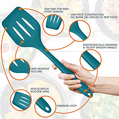 Teal Blue Kitchen Utensils Set, E-far 15-Piece Silicone Cooking Utensils with Holder, Non-stick Cookware Friendly & Heat Resistant, Includes Ladle Spatula Spoon Slotted Turner for Cooking & Baking - color: Teal Blue