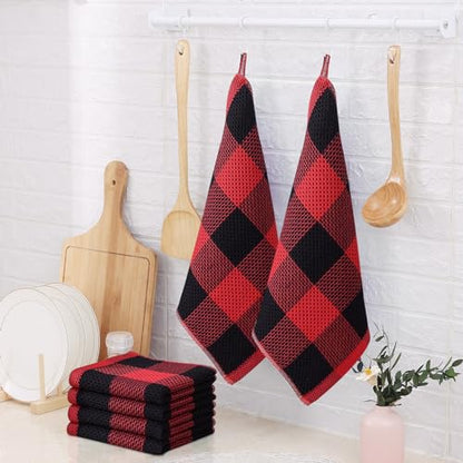 Homaxy 100% Cotton Check 12 Pack Dish Cloths, 12" x 12", Black & Red | Waffle Weave, Plaid, Super Soft and Absorbent Dish Rags, Quick Drying, Multi-Purpose - color: Black & Red, size: 12 x 12 - 12 Pack