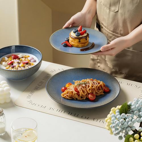 Dinnerware Sets for 4, 12 Piece Stoneware Plates and Bowls, Blue | 12 piece stoneware set for 4 with ribbed texture; dinner plates, salad plates and 33 oz bowls, microwave, dishwasher safe.