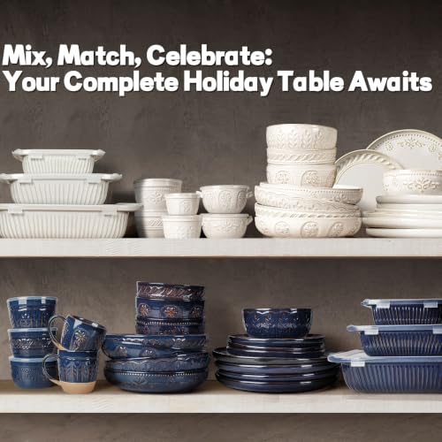 Pasta Bowls, 50oz Large Salad Serving Bowls, 9.75'' Plates Bowls Set of 4, Big Ceramic Soup Bowls for Kitchen, Embossment Shallow Dinner Bowl, Microwave Dishwasher Safe, Multiple Patterns, Blue - color: Blue (Multiple Patterns)