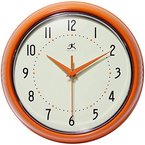 Infinity Instruments LTD. Retro 9 inch Silent Sweep Non-Ticking Mid Century Modern Kitchen Diner Wall Clock Quartz Movement Retro Wall Clock Decorative (Orange)… - color: Orange, size: 9.5 Inch
