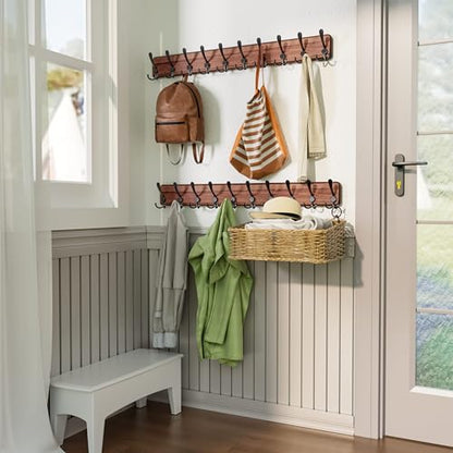 SKOLOO Rustic Coat Rack Wall Mount, 10 Hooks, 38.6'' Long, Solid Wood,Brown | Rustic finish, 100 lb capacity, entryway bedroom mudroom, wall mount, 16" stud spacing, hardware included, rustproof hooks - color: Brown Plate & Black Hook, size: 1 Item-10 Hoo