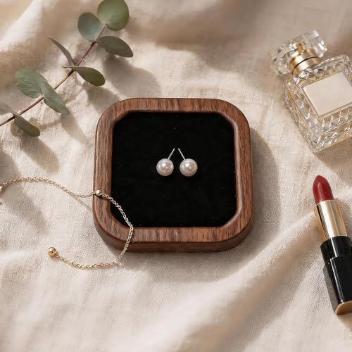 Wooden Jewelry Tray, Ring Holder Trinket Dish, Walnut Wood with Black Velvet Lining, 3.7 x 3.7 Inch, Square
