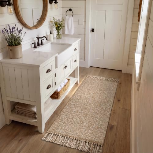 Bathroom Runner Rug, 2' x 5' Modern Farmhouse Kitchen Rugs | Hand-Woven Entryway Rugs Runners for Hallway, Tan/Cream Boho Washable Laundry Carpet, Indoor Front Door Mat for Bedroom Patio - color: Tan/Cream, size: 2' x 5' (Rectangular)