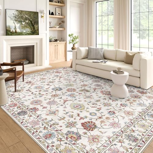 LUXRUG Washable Area Rug 5x7 - Boho Living Room Rug Farmhouse Bedroom Rug | Soft Ultra-Thin Cream Colorful Vintage Traditional Floral Dining Room Rugs for Under Table Indoor Carpet for Living Room - color: Cream Multi, size: 5' x 7' (Rectangular)