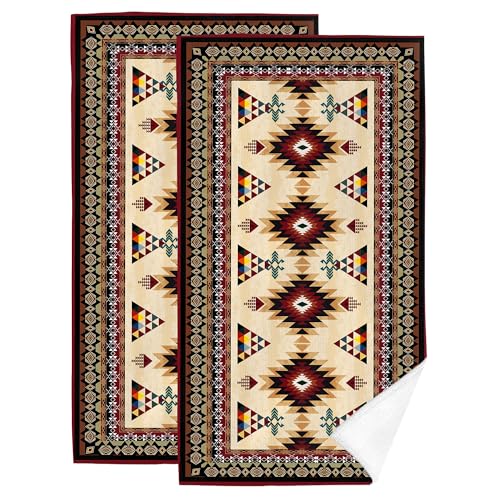 Western Aztec Boho Hand Towels for Bathroom Set of 2 Absorbent Southwestern Native American Decorative Bath Towels Spa Yoga Gym Home Farmhouse Aztec Bathroom Decor Housewarming Gifts 14"x28" - color: Western Aztec