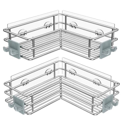 Nieifi Corner Shower Shelves, Adhesive Shower Caddy, Bathroom Organization | Stainless steel, 2 pack, wall mounted, bathroom shelves, shampoo and soap holder, bathtub storage, with hooks, silver