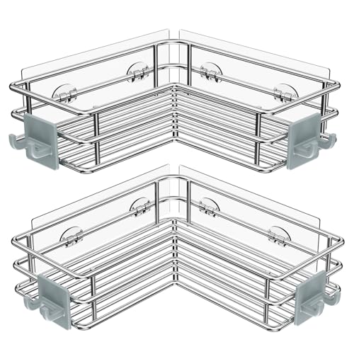 Nieifi Corner Shower Shelves, Adhesive Shower Caddy, Bathroom Organization | Stainless steel, 2 pack, wall mounted, bathroom shelves, shampoo and soap holder, bathtub storage, with hooks, silver