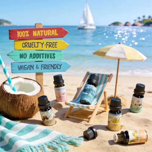 ARVIDSSON Summer Essential Oils Set, Tropical Fragrance Oil for Diffuser, Soap and Candle Making - Ocean Breeze, Pina Colada, Fresh Cotton, Pink Sand, Plumeria, Coconut, Scented Oil for Home - color: Light Blue