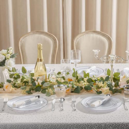 352 Piece Silver Plastic Dinnerware Set for 50 Guests | Includes: 50 Dinner Plates 50 Dessert Plates, 50 Pre Rolled Napkins with Silverware, 50 Cups, 2 Tablecloth - color: Silver, style: 352 Piece (50 guests)