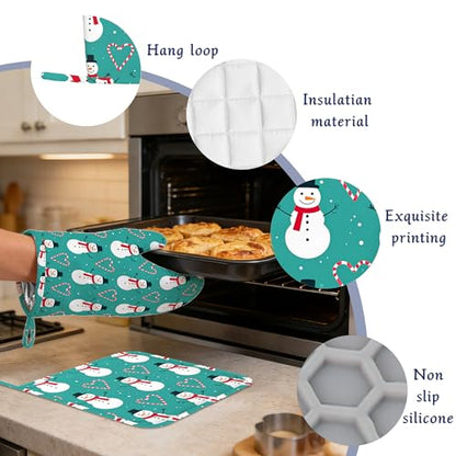 Christmas Snowmen Oven Mitts and Pot Holders Sets of 4 Love Heart Candy Canes Heat Resistant Silicone Oven Mits Gloves Non-Slip Kitchen Mittens Potholders for Cooking Baking Grilling BBQ - color: Christmas Snowmen,love Heart Candy Canes