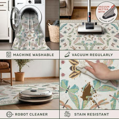 Washable Non Slip Bathroom Runner Rug 2x5, Insect Boho Bath Mat, Stain Resistant Low Pile Butterfly Insect Print Rugs for Laundry Room, Powder Room, Beige Green - color: Beige Green, size: 2' x 5' (Runner)