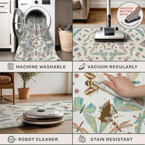 Washable Non Slip Bathroom Runner Rug 2x5, Insect Boho Bath Mat, Stain Resistant Low Pile Butterfly Insect Print Rugs for Laundry Room, Powder Room, Beige Green - color: Beige Green, size: 2' x 5' (Runner)