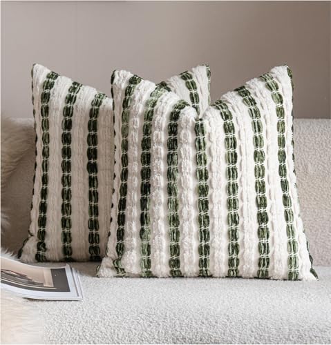 Caflife Boho Throw Pillow Covers 20x20 Inch Set of 2, Farmhouse Green Striped Textured Chenille Decorative Couch Pillow Cases, Rustic Accent Cushion Covers for Sofa Bed Living Room Bedroom - color: Green, size: 20" x 20" (Pack of 2)