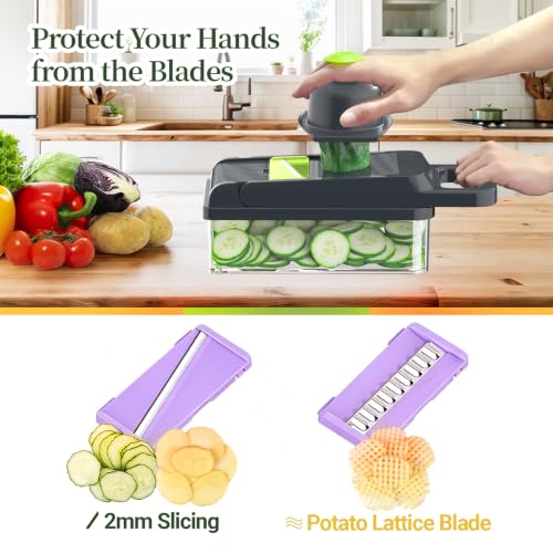 12-in-1 Vegetable Chopper 7 Blades, Veggie Cutter with Handle, Black/Purple | Stainless Steel Blades, Food Container and Lid, Dicer, Slicer, Julienne, Egg Separator, Non-slip Base, Include Cleaning Tools - color: Purple, size: 7 blades