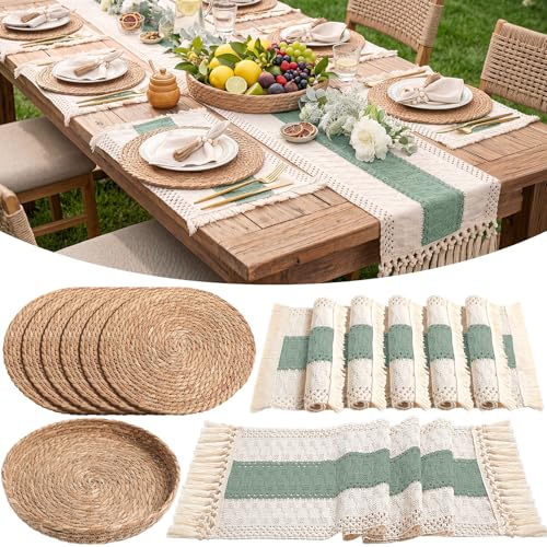 Boho Placemats 4/6/8 Set of Round Woven Placemat Macrame Style Bicolor Stitching Long Table Runner Farmhouse Rustic Natural Burlap Cotton for Kitchen Dining Table(6 Sets,Green,12x72) - color: Green, size: 12x72"