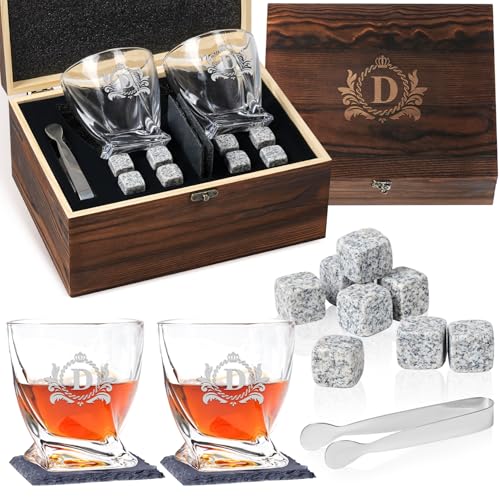 Personalized Whisky Glasses Set of 14 , Gift for Men Husband (Initials D) | (2 Crystal Glasses, 2 Coasters, 8 Ice Molds, 1 Tong, 1 Gift Box), 10oz Tumblers for Bourbon Scotch Cocktails, Gifts for Him