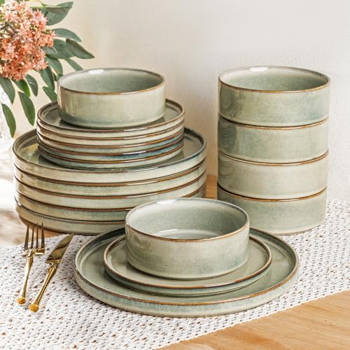 AmorArc Ceramic Dinnerware Sets for 6,18 Piece Plates and Bowls Sets Dishes | Stoneware Handmade Reactive Glaze Dishes Set | Highly Chip and Crack Resistant | Dishwasher & Microwave Safe - color: Reactive Glaze, size: Service for 6