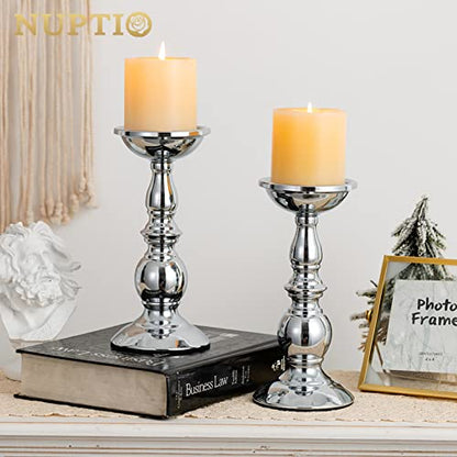 Nuptio Silver Pillar Candle Holders, Wedding Centerpieces Metal Candle Holder for 3 inches Candles Stand Decoration Ideal for Weddings Special Events Parties Living Room, 2 Pcs | (2 x L) Metal Candle Stand Decoration Ideal for Weddings Special Events Part