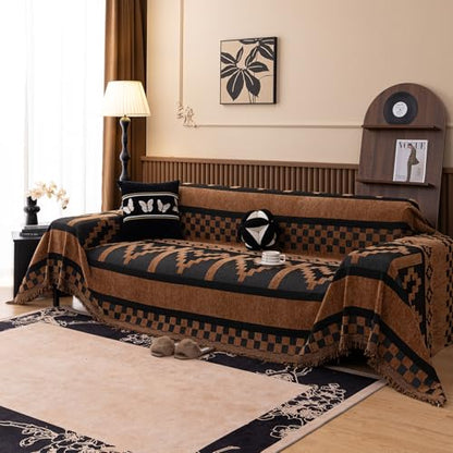 ROOMLIFE Dark Brown Couch Cover 3 Cushion Sofa, Washable Non Slip Furniture Sofa Protector Cover, Soft Chenille Sofa Slipcovers Sectional L Shape Dogs Couch Cover Throw Blanket with Tassels71''X118'' - color: Yd#brown, size: Large（71*118IN）