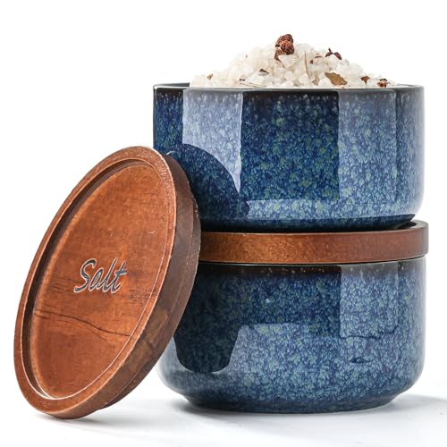 Ceramic Salt and Pepper Bowls: 9 oz Stackable Spice Cellars with Wooden Lids - Stacked Seasoning Storage Containers for Countertop Stovetop - Blue