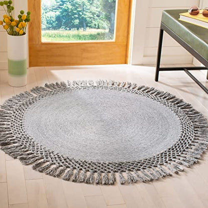 SAFAVIEH Sahara Collection Area Rug - 4' Round, Silver, Handmade Boho Tassel, Ideal for High Traffic Areas in Living Room, Bedroom (SAH490G) - color: Silver, size: 4' (Round)