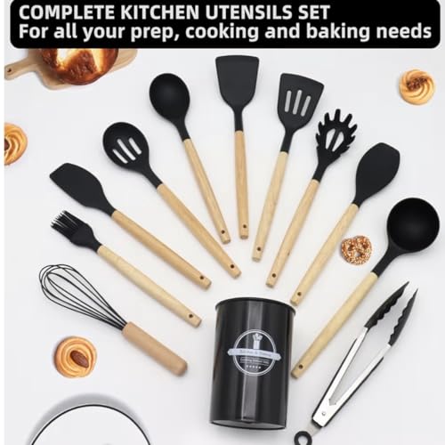 Silicone Cooking Utensils Kitchen Utensil Set - 446°F Heat Resistant Silicone Kitchen Utensils Set, Spatula,Turner Tongs, Spoon, Brush, Whisk,Kitchen Gadgets for Nonstick Cookware, BPA Free (Black) - color: Black
